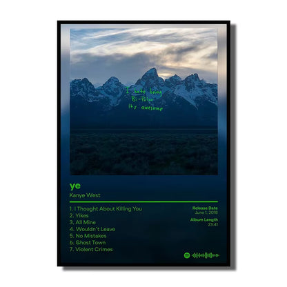 Rap Singer Kanye West Art Poster, Pop Music Album Cover High-Definition Printed Canvas Painting, Home Wall Decoration, Frameless
