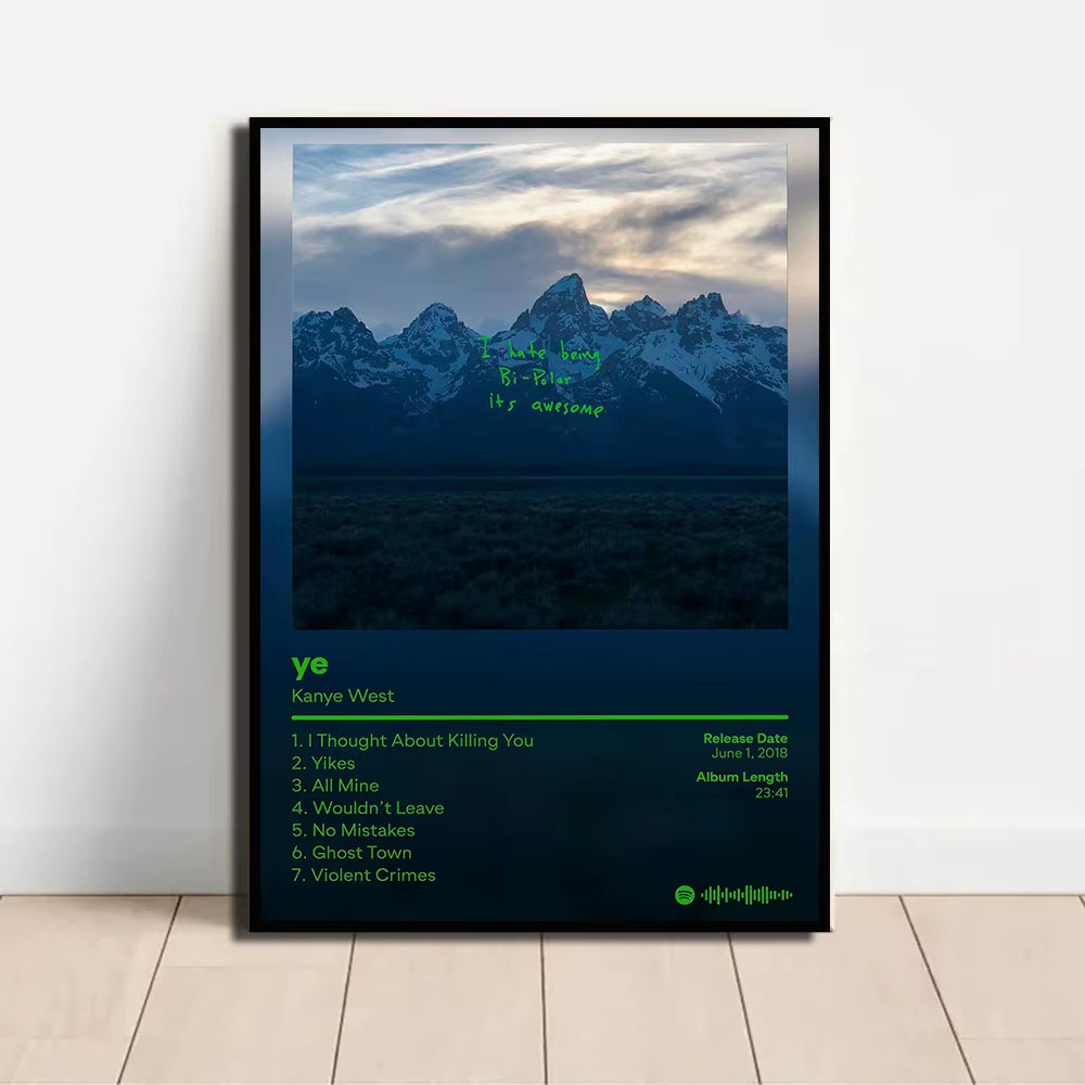Rap Singer Kanye West Art Poster, Pop Music Album Cover High-Definition Printed Canvas Painting, Home Wall Decoration, Frameless